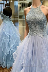 Baby Blue Semi Formal Prom Dresses A Line Halter Long Party Evening Dresses with Appliques Open Back